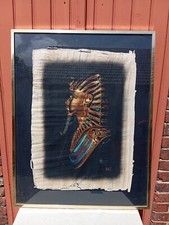 GRAND TABLEAU PEINTURE SUR PAPYRUS PHARON EGYPTE EGYPTOLOGIE SIGNE ADEL F