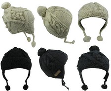 Main Tricoté Épais Laine Doublure Polaire Bonnet Pompon Crochet Népalaises Boho