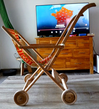 très RARE vintage ancienne poussette bébé jouet en bois toile tissus pliable