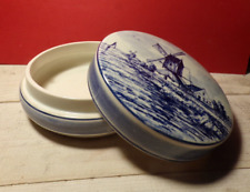 DELFT BLEU PORCELAINE / FAIENCE BOITE RONDE AVEC COUVERCLE PEINT A LA MAIN