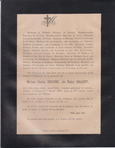 1891 faire part décès mme - 1891, faire-part