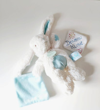 Peluche/Doudou Plat Lapin Pantin Et Mouchoir Blanc Bleu Ciel Câlin 20cm  Babynat