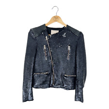 Veste en cuir moto à paillettes IRO Cuzia bleu gris Fancy Sparkly taille 2 pr...