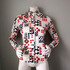 Vtg 1970s Joyce Polka Dot Domino Print Nylon Disco Shirt S red white blue july 4