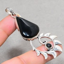 Pendentif bijou ancien design ethnique fait main pierre précieuse onyx noir 2...