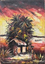 Tableau HST Village Africain et pirogue - Sénégal - Signature illisible.