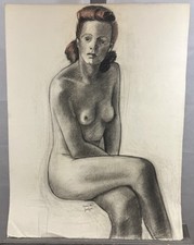 Dessin et gouache circa 1950 Modèle prenant la pose Jeune femme nue signé