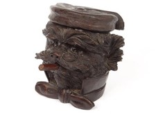 Pot à tabac bois sculpté Black Forest tête chien cigare noeud XIXè siècle