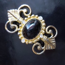 Broche plaquée or pierre noire obsidienne saphir blanc bijou vintage N4082