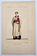 Gravure originale aquarellée  XIXe : Costume de Prêtre - Vieux Métiers