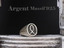 Chevalière chrétienne poisson en Argent Massif 925 symbole de l'Ichtus religieux