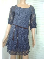 ROBE TUNIQUE VOILE ET DENTELLE BLEU JEAN'S + CEINTURE NEUVE T 38/40/42