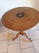 Guéridon ancien en merisier, plateau en marqueterie, 1 tiroir, pied tripode