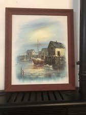 Tableau Marine Alan Simpson (1941-2007) peintre britannique Port de pêche h/t