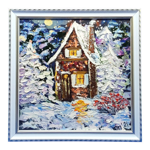 Winter cottage oil painting - winter,