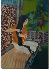 Tableau panneau de laque vietnamien la coiffure suiveur Thanh Le.