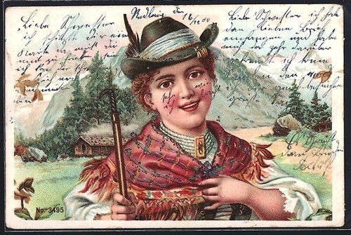 Lithographie femme costume - lithographie, en