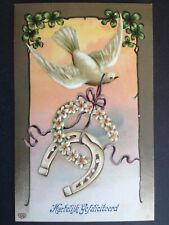 Belle cpa Fantaisie Gaufré EMBOSSED POSTCARD FER à CHEVAL Horseshoe Colombe