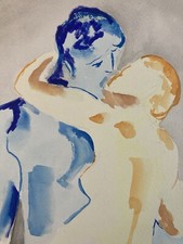 Beau Dessin Gouache Sur Papier Femme 1980 Baisé Rodin Sculpture Art À Identifier