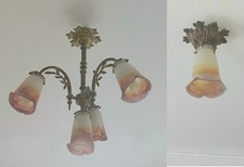 Ensemble LUSTRE et PLAFONNIER Bronze tulipes pate de verre MULLER FRES LUNEVILLE