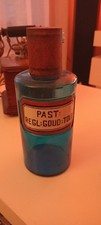 FLACON ANCIEN Pot A  PHARMACIE VERRE BLEU   ETIQUETTE Émaillée 25cm 