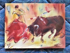 Tableau peinture huile sur toile CORRIDA, TAUREAU, MATADOR, ARENES