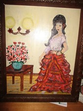 DANSEUSE ESPAGNOLE en interieur FLEURI.SIGNE.PEINT HUILE NAIF 2001. CADRE ANCIEN