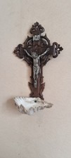 Pretty old mural Christ in Spelter on a wooden cross with carved vine leaves