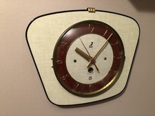 Superbe Pendule Horloge Murale Formica  Jaz Jaune Bordeaux Vintage Année 50 60