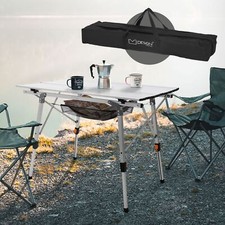 Table de camping pliante aluminium argent plateau enroulable + sac de transport