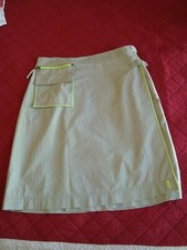 Jupe « Miss Captain » beige+ lignes vertes fluo, T38, coton/polyamide, excellent