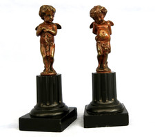 Deux Angelots " Cupidon et l’Amour Vaincu " en Bronze Colonne en Marbre XIXème