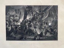 Abordage d'un vaisseau hollandais par Jean Bart, Gravure ancienne d'après Biard