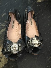 Superbe Et Authentique Ballerines Cuir Vernis Noir Strass Miu Miu 36 Tbe