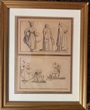 Dessin Ancien Encadré Lavis Étude Figures Lutteurs