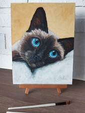 Peinture à l'huile chat siamois yeux bleus art portrait animal de compagnie...