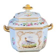 RARE confiturier sucrier en porcelaine de Paris XIX eme aux Oiseaux Peint Main