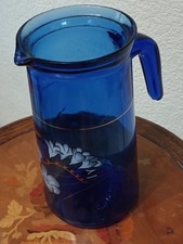 pichet en verre Bleu Sérigraphié Fleurs Blanches Liserets Or Vintage 60/70