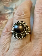 Énorme PERLE GRISE TAHITI, ARGENT MASSIF, BELLE BAGUE ANCIENNE