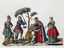 GRAVURE FINEMENT DÉCOUPÉE et coloriée à la main PERSONNAGES déb. 18e arte povera