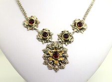 Antique Vintage 835+925 Collier en Argent Floral Costume Grenat Fleur Étoile, L