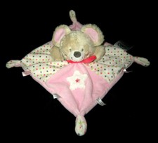 Doudou carré Souris beige rose et blanche étoiles Mots d'Enfants Leclerc