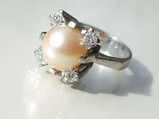 BELLE et GROSSE BAGUE ANCIENNE en PLATINE avec PERLE 9,3mm et 4 DIAMANTS / T.54