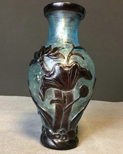 6.4" vieux chinois bleu glaze sculpture lotus fleur canard statue bouteille vase