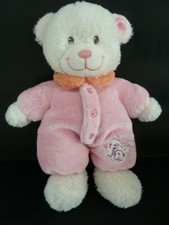 *. DOUDOU TEX CARREFOUR OURS BLANC PYJAMA ROSE OISEAU COL ORANGE 27cm ETAT NEUF*