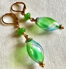 🌟 Boucles, perles  artisanales Murano en verre soufflé duo vert/ bleu   🌟