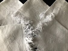 Antique French Set 5 White Silk Damask Fringed Napkins Monogram HR c1890