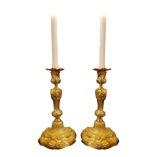 Paire bougeoirs bronzes - en,