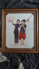 Cadre, tableau en broderie points de croix, canevas danseuse et musicien d'Asie