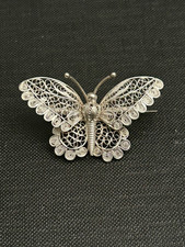 Ancien Broche En Forme De Papillon - Argent Massif Filigrané